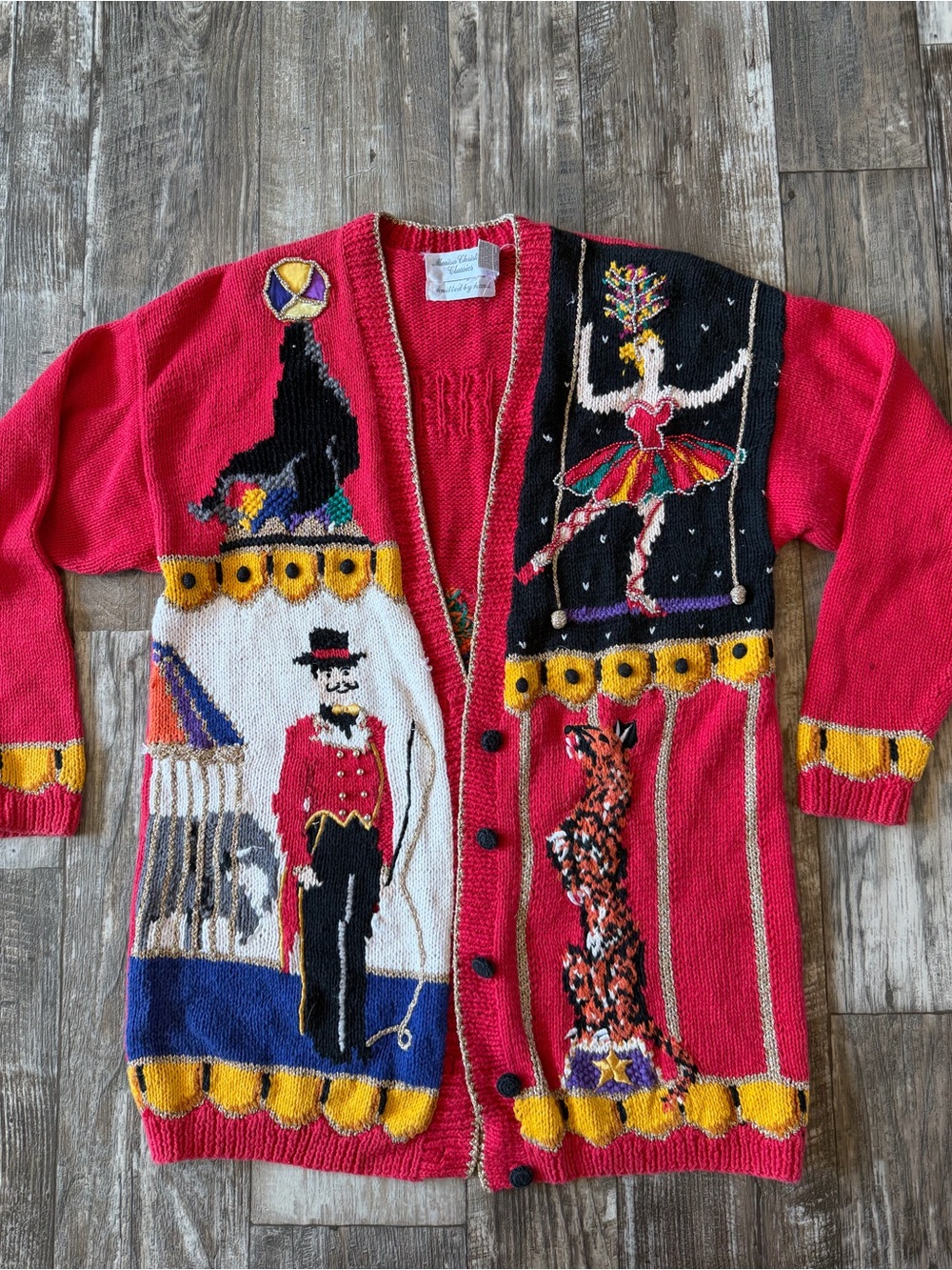 Vintage 90s Marisa Christina Circus Cardigan Hand Knit Beaded Novelty Sweater